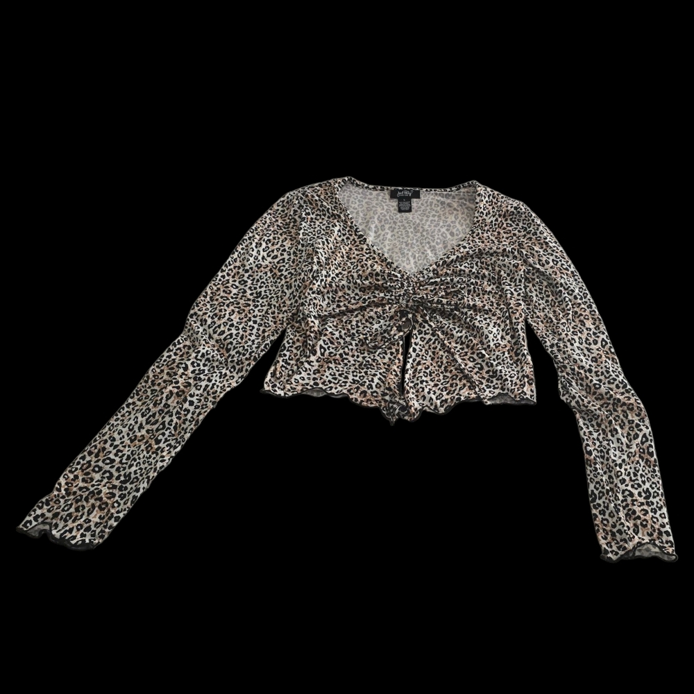 Just Polly Leopard Print Ruched Crop Blouse with Long Sleeves